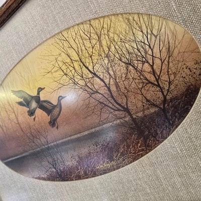 Framed Mallard Ducks Print by Nancy Hart (Hart Galleries) & pottery Leaf Art Tray – 2-Piece Decorative Lot