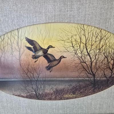 Framed Mallard Ducks Print by Nancy Hart (Hart Galleries) & pottery Leaf Art Tray – 2-Piece Decorative Lot