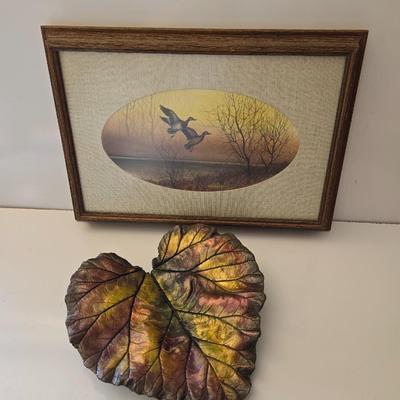 Framed Mallard Ducks Print by Nancy Hart (Hart Galleries) & pottery Leaf Art Tray – 2-Piece Decorative Lot