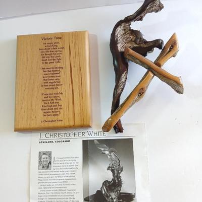 Inspirational Christian Art Lot – J. Christopher White Driftwood Cross & "Victory Tune" Poem Plaque