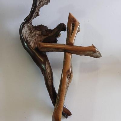 Inspirational Christian Art Lot – J. Christopher White Driftwood Cross & "Victory Tune" Poem Plaque
