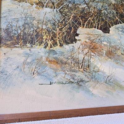 Original Signed Winter Landscape Painting by Jim Sloan – Rustic Framed Art