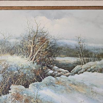 Original Signed Winter Landscape Painting by Jim Sloan – Rustic Framed Art