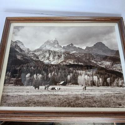 Vintage Framed Black & White Mountain Landscape and Horses Photograph – Sepia Tone