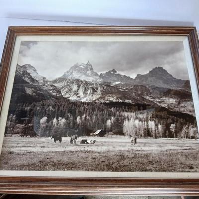 Vintage Framed Black & White Mountain Landscape and Horses Photograph – Sepia Tone