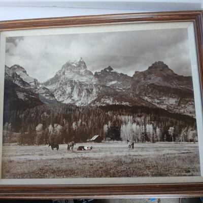 Vintage Framed Black & White Mountain Landscape and Horses Photograph – Sepia Tone