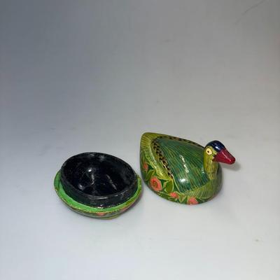 VTG Wooden Decorative Painted Duck 2 Part Trinket Box Handmade in Kashmir India
