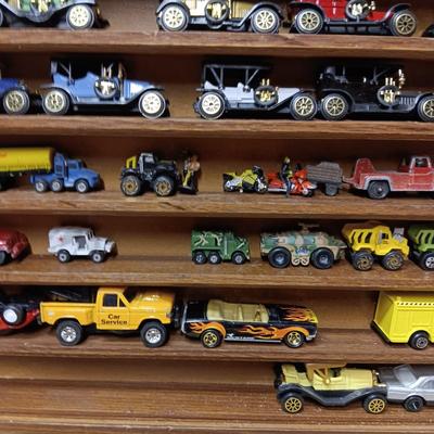 HANDMADE DISPLAY CASE FILLED WITH MAINLY METAL TOY CARS
