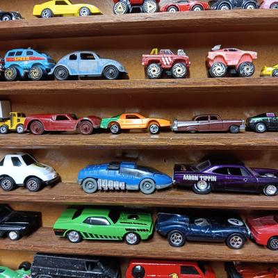 HANDMADE DISPLAY CASE FILLED WITH MAINLY METAL TOY CARS