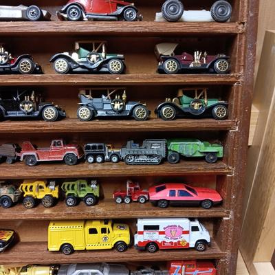 HANDMADE DISPLAY CASE FILLED WITH MAINLY METAL TOY CARS