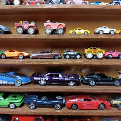 HANDMADE DISPLAY CASE FILLED WITH MAINLY METAL TOY CARS
