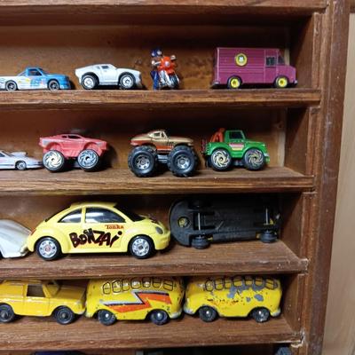 HANDMADE DISPLAY CASE FILLED WITH MAINLY METAL TOY CARS