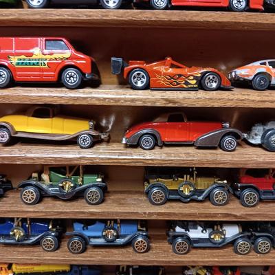 HANDMADE DISPLAY CASE FILLED WITH MAINLY METAL TOY CARS