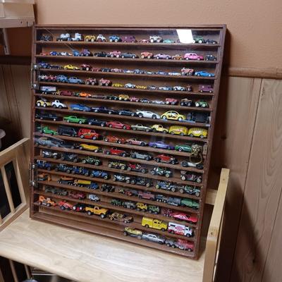 HANDMADE DISPLAY CASE FILLED WITH MAINLY METAL TOY CARS