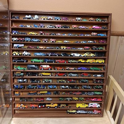 HANDMADE DISPLAY CASE FILLED WITH MAINLY METAL TOY CARS