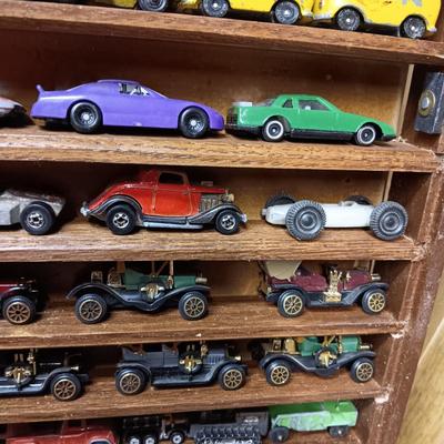 HANDMADE DISPLAY CASE FILLED WITH MAINLY METAL TOY CARS
