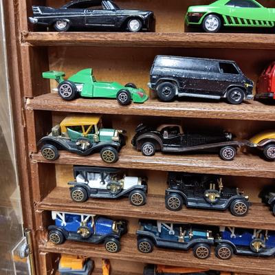 HANDMADE DISPLAY CASE FILLED WITH MAINLY METAL TOY CARS