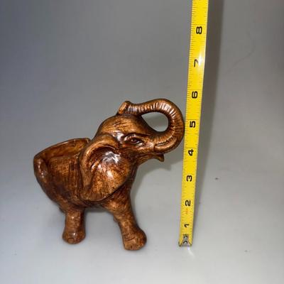 Vintage Hand Painted Ceramic Brown Elephant Ashtray Pottery Figurine Glazed Art