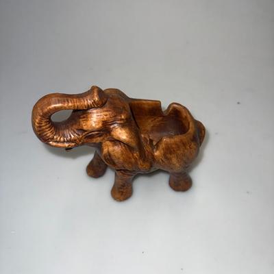 Vintage Hand Painted Ceramic Brown Elephant Ashtray Pottery Figurine Glazed Art