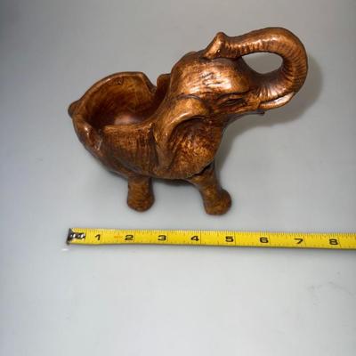 Vintage Hand Painted Ceramic Brown Elephant Ashtray Pottery Figurine Glazed Art