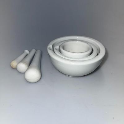 Set of Three Nesting Mortar Pestle White Porcelain Graduated in Size