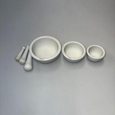 Set of Three Nesting Mortar Pestle White Porcelain Graduated in Size