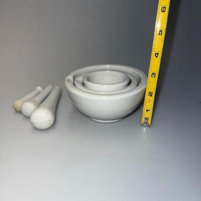 Set of Three Nesting Mortar Pestle White Porcelain Graduated in Size
