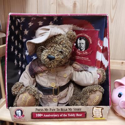 THEODORE ROOSEVELT 100TH ANNIVERSARY LIMITED EDITION TEDDY BEAR AND A CERAMIC PIGGY BANK