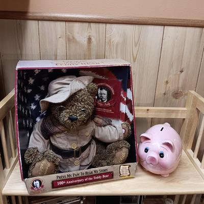 THEODORE ROOSEVELT 100TH ANNIVERSARY LIMITED EDITION TEDDY BEAR AND A CERAMIC PIGGY BANK
