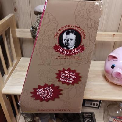 THEODORE ROOSEVELT 100TH ANNIVERSARY LIMITED EDITION TEDDY BEAR AND A CERAMIC PIGGY BANK