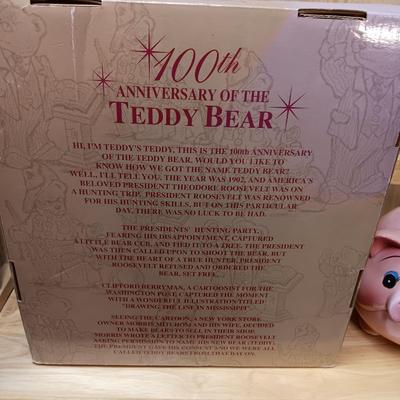 THEODORE ROOSEVELT 100TH ANNIVERSARY LIMITED EDITION TEDDY BEAR AND A CERAMIC PIGGY BANK