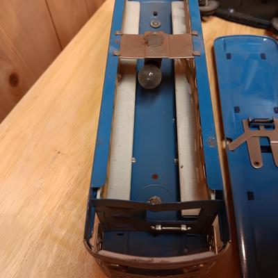 LIONEL BLUE COMET PASSENGER TRAIN, SUNOCO TANK CAR, A BOXCAR, RAILROAD LIGHT AND NO CROSSING