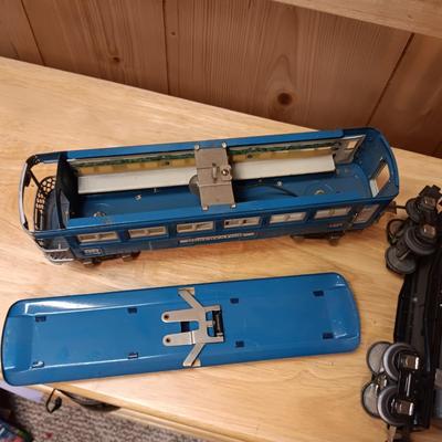 LIONEL BLUE COMET PASSENGER TRAIN, SUNOCO TANK CAR, A BOXCAR, RAILROAD LIGHT AND NO CROSSING