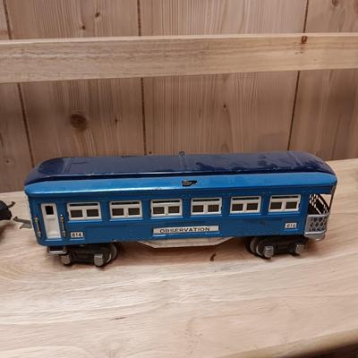 LIONEL BLUE COMET PASSENGER TRAIN, SUNOCO TANK CAR, A BOXCAR, RAILROAD LIGHT AND NO CROSSING