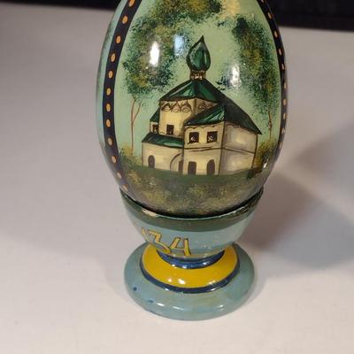Collection of Hand Painted Russian Lacquer Eggs with Cup Stands- Three Pieces