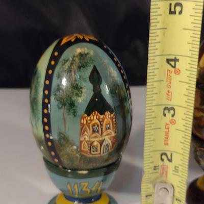 Collection of Hand Painted Russian Lacquer Eggs with Cup Stands- Three Pieces