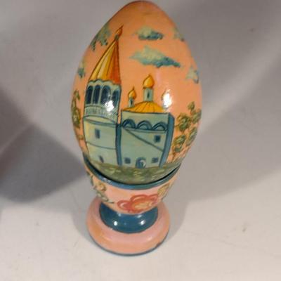 Collection of Hand Painted Russian Lacquer Eggs with Cup Stands- Three Pieces