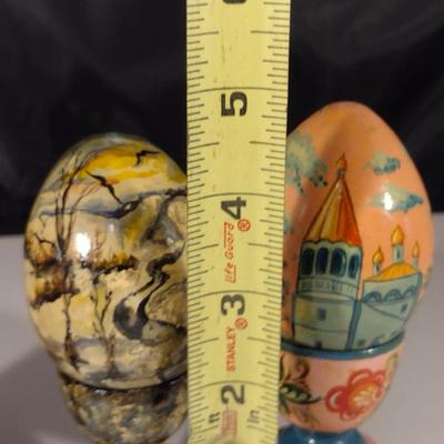 Collection of Hand Painted Russian Lacquer Eggs with Cup Stands- Three Pieces