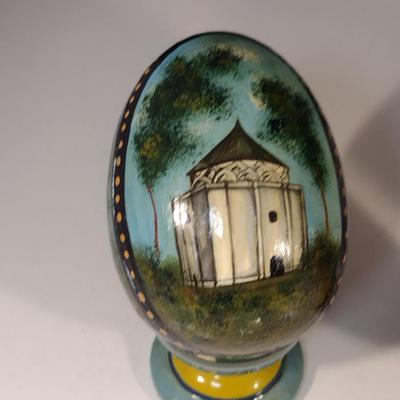 Collection of Hand Painted Russian Lacquer Eggs with Cup Stands- Three Pieces