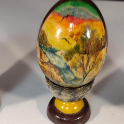 Collection of Hand Painted Russian Lacquer Eggs with Cup Stands- Three Pieces