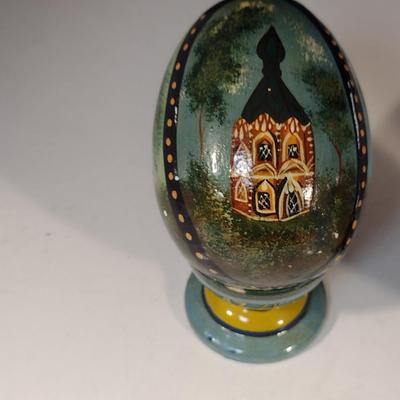 Collection of Hand Painted Russian Lacquer Eggs with Cup Stands- Three Pieces