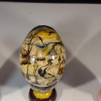 Collection of Hand Painted Russian Lacquer Eggs with Cup Stands- Three Pieces