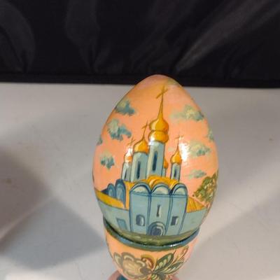 Collection of Hand Painted Russian Lacquer Eggs with Cup Stands- Three Pieces