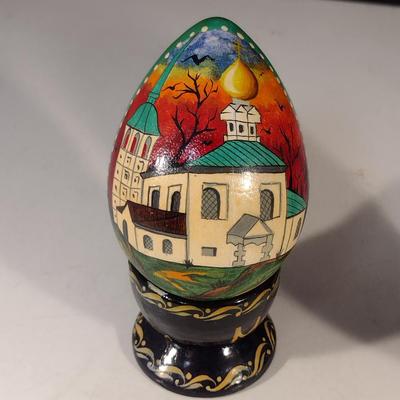 Pair of Hand Painted Russian Lacquer Eggs with Cup Stands