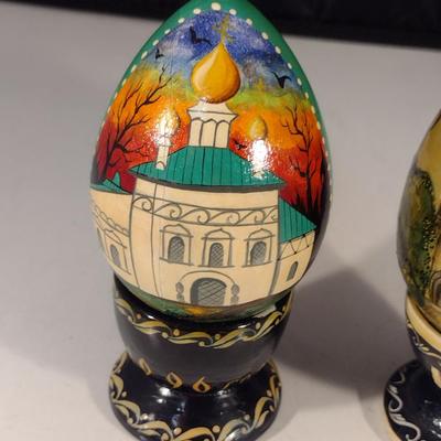 Pair of Hand Painted Russian Lacquer Eggs with Cup Stands