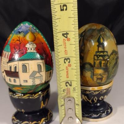 Pair of Hand Painted Russian Lacquer Eggs with Cup Stands