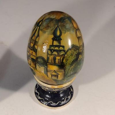 Pair of Hand Painted Russian Lacquer Eggs with Cup Stands
