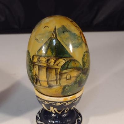 Pair of Hand Painted Russian Lacquer Eggs with Cup Stands