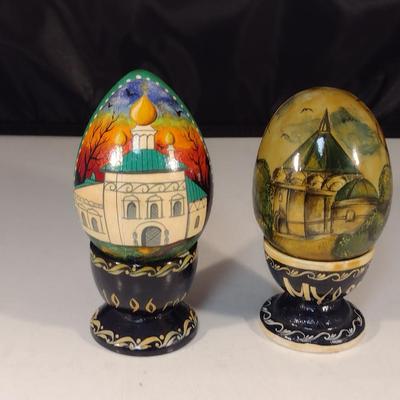 Pair of Hand Painted Russian Lacquer Eggs with Cup Stands