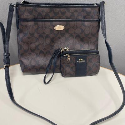 Dark brown and black Coach purse and wristlet